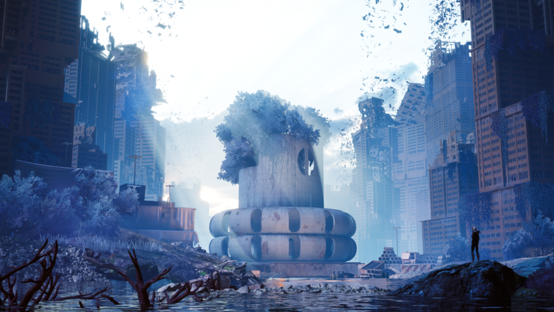 A decaying brutalist city, overtaken by AI