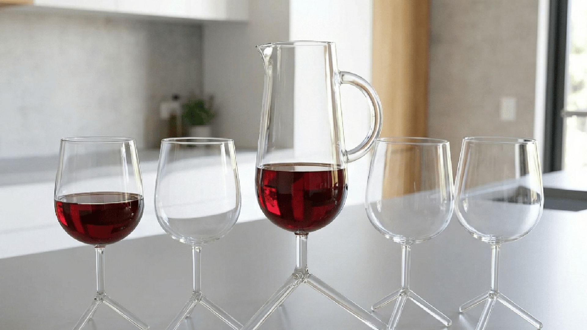 Tripod glasses jug / decanter and red wine glasses