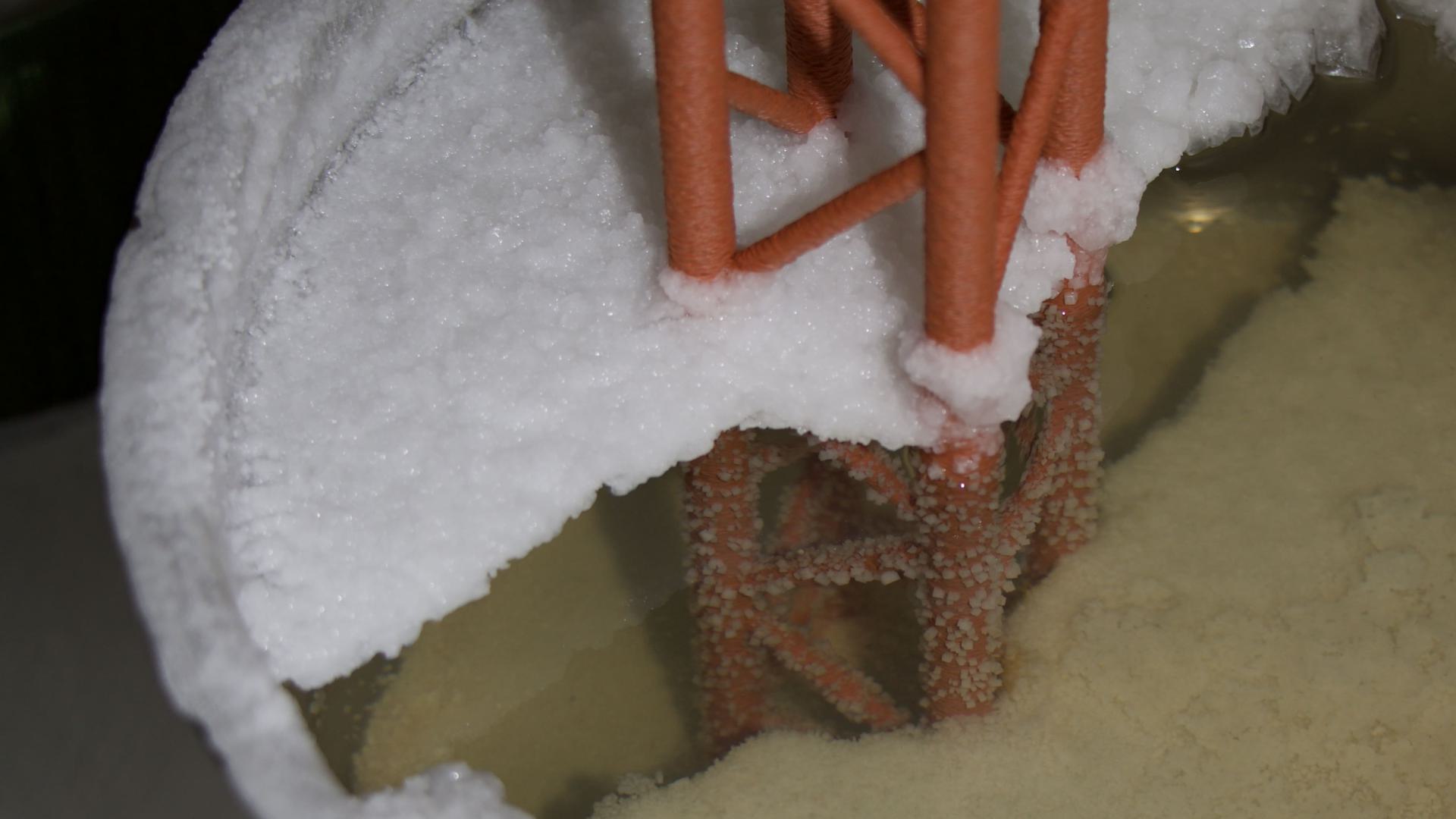 3D-printed scaffold crystallising in a salt bath