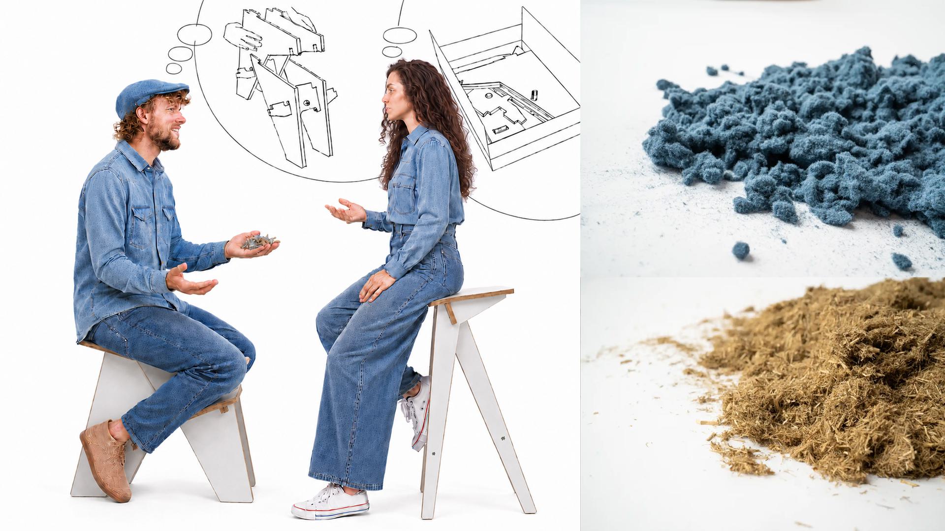 Flat-pack eco chairs made of grass and denim
