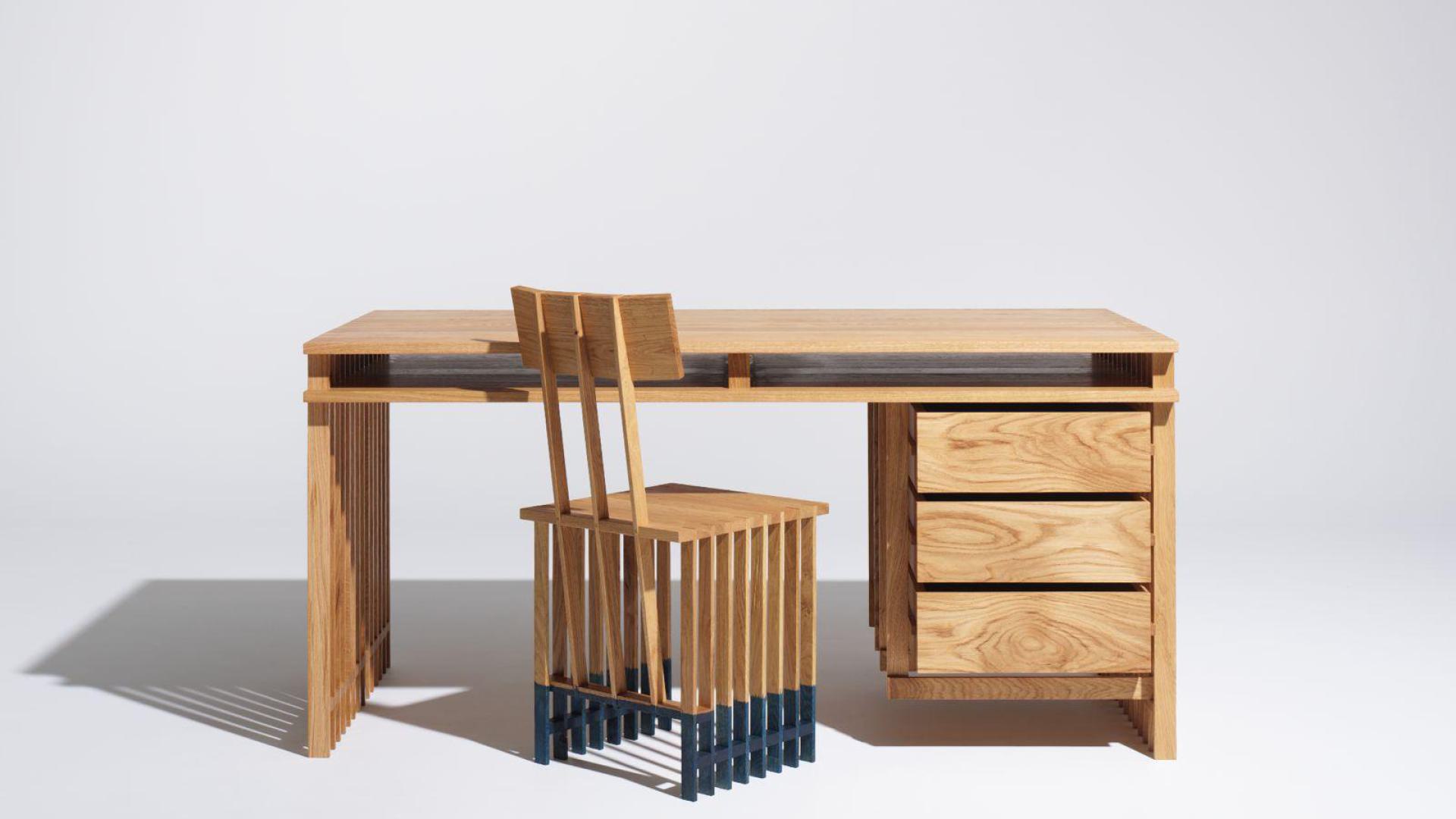 Oak slat desk with chair