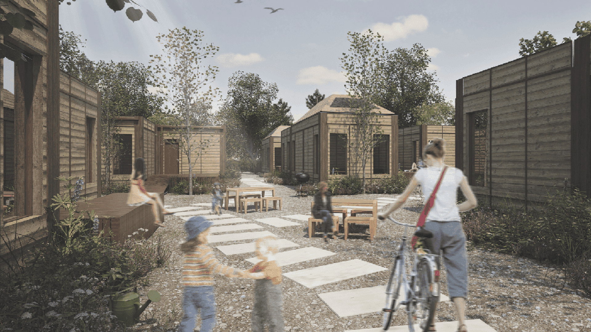 Exterior render of the refugee housing