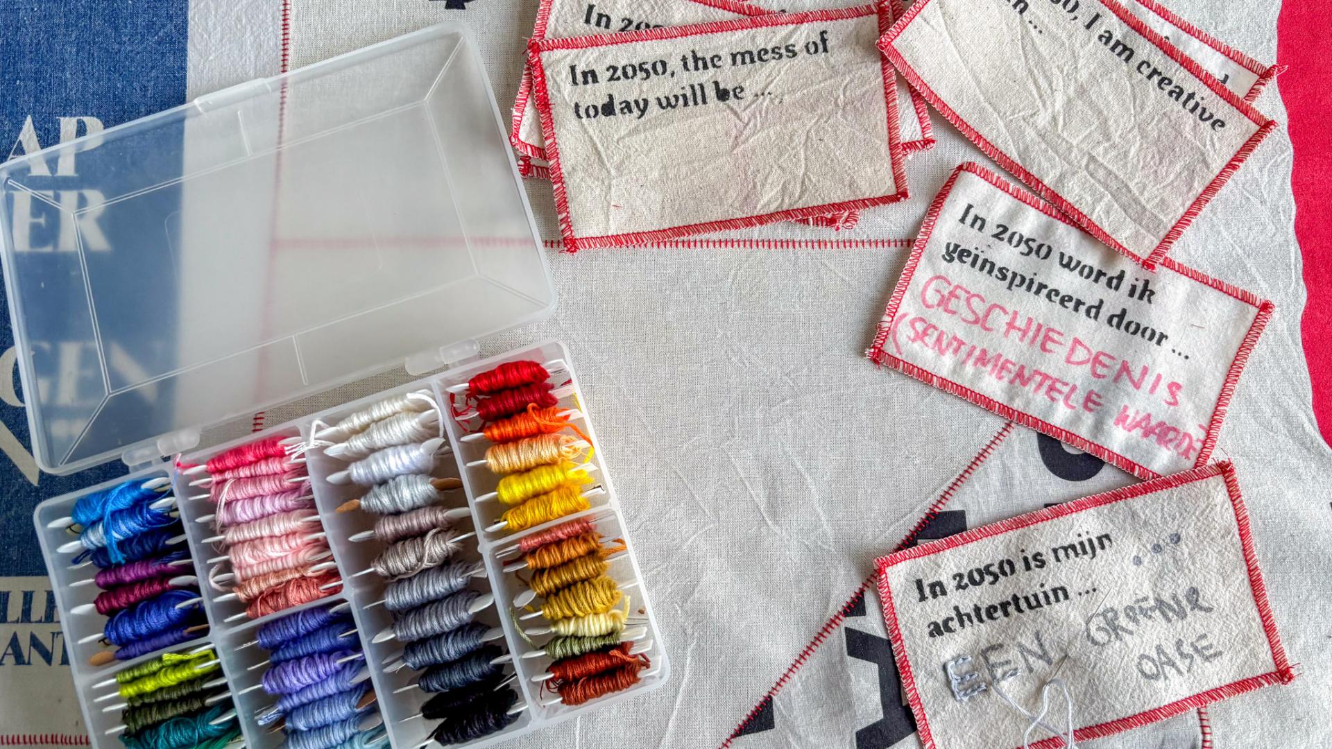 Close-up of participatory patches on tablecloth