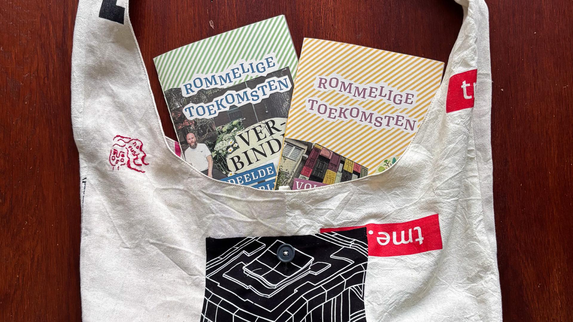Bag made out of totebags with Messy Futures zines