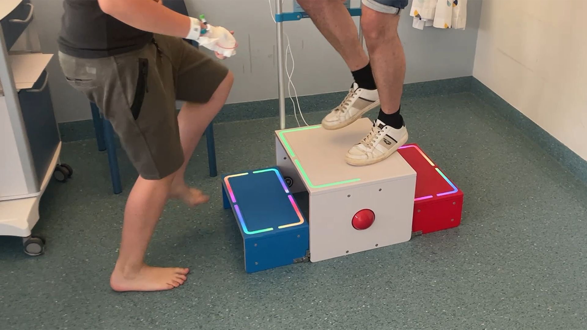 Son and father playing the game Dance Battle