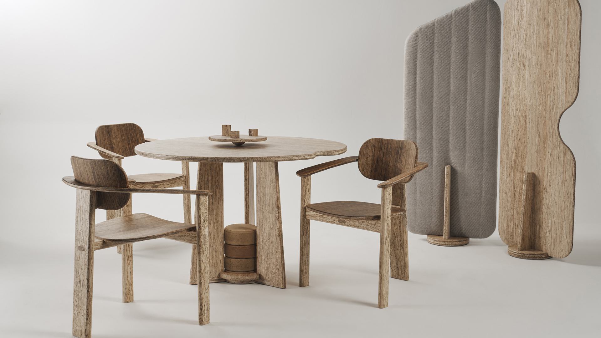 Hemp table, chairs and acoustic screens.