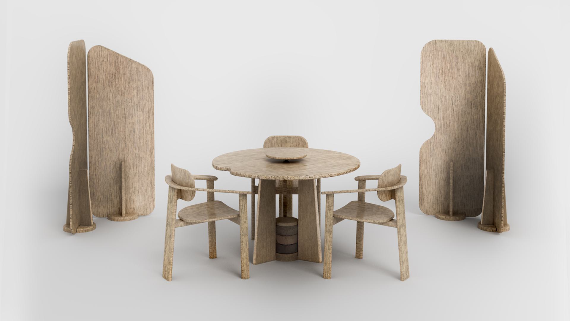 Hemp table, chairs and acoustic screens.