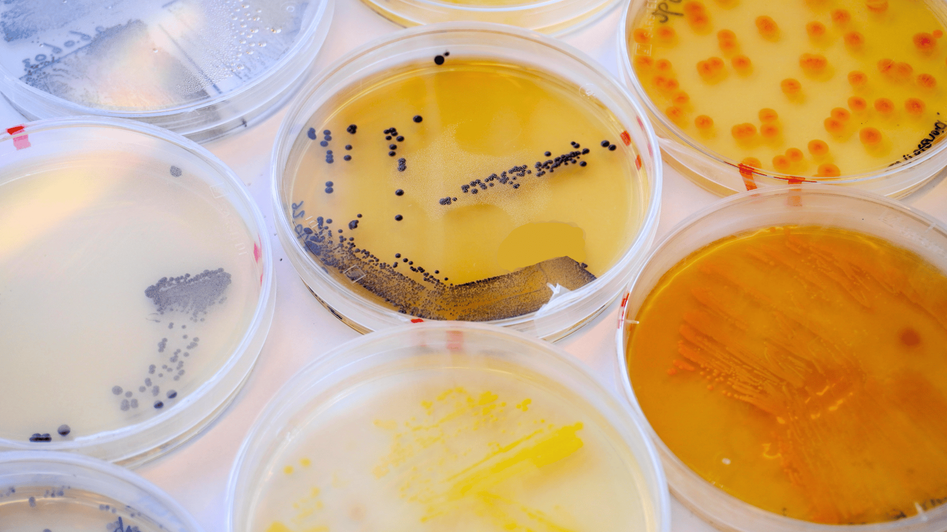 Petri dishes growing colonies of coloured yeasts