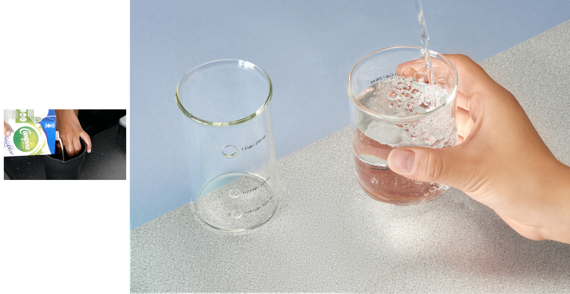 The measuring cup with holes.
