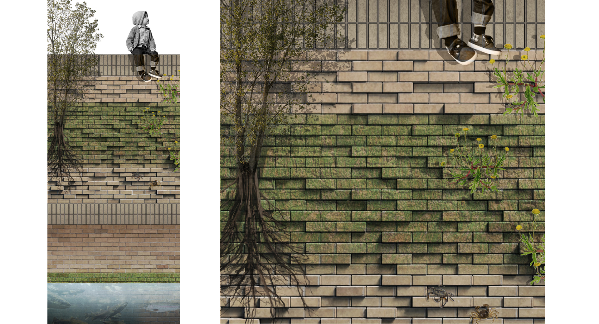 detail of the new wall on the existing sewer walls