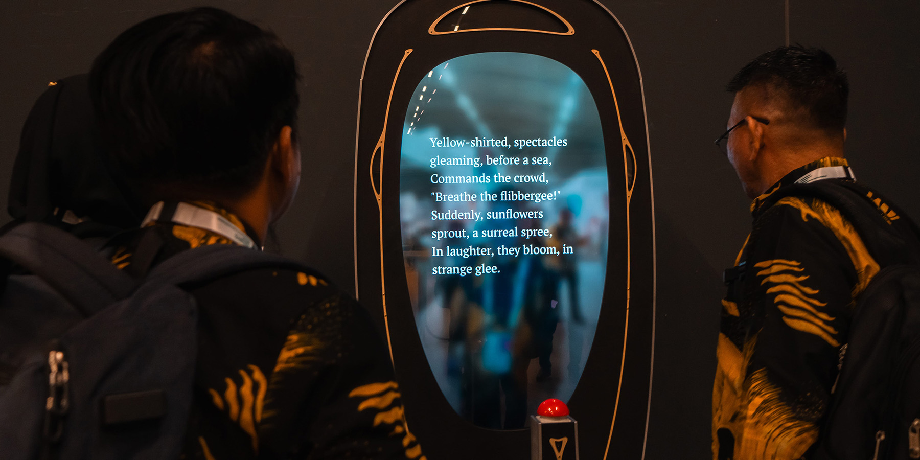 An Indonesian delegation trying out the Poem Booth