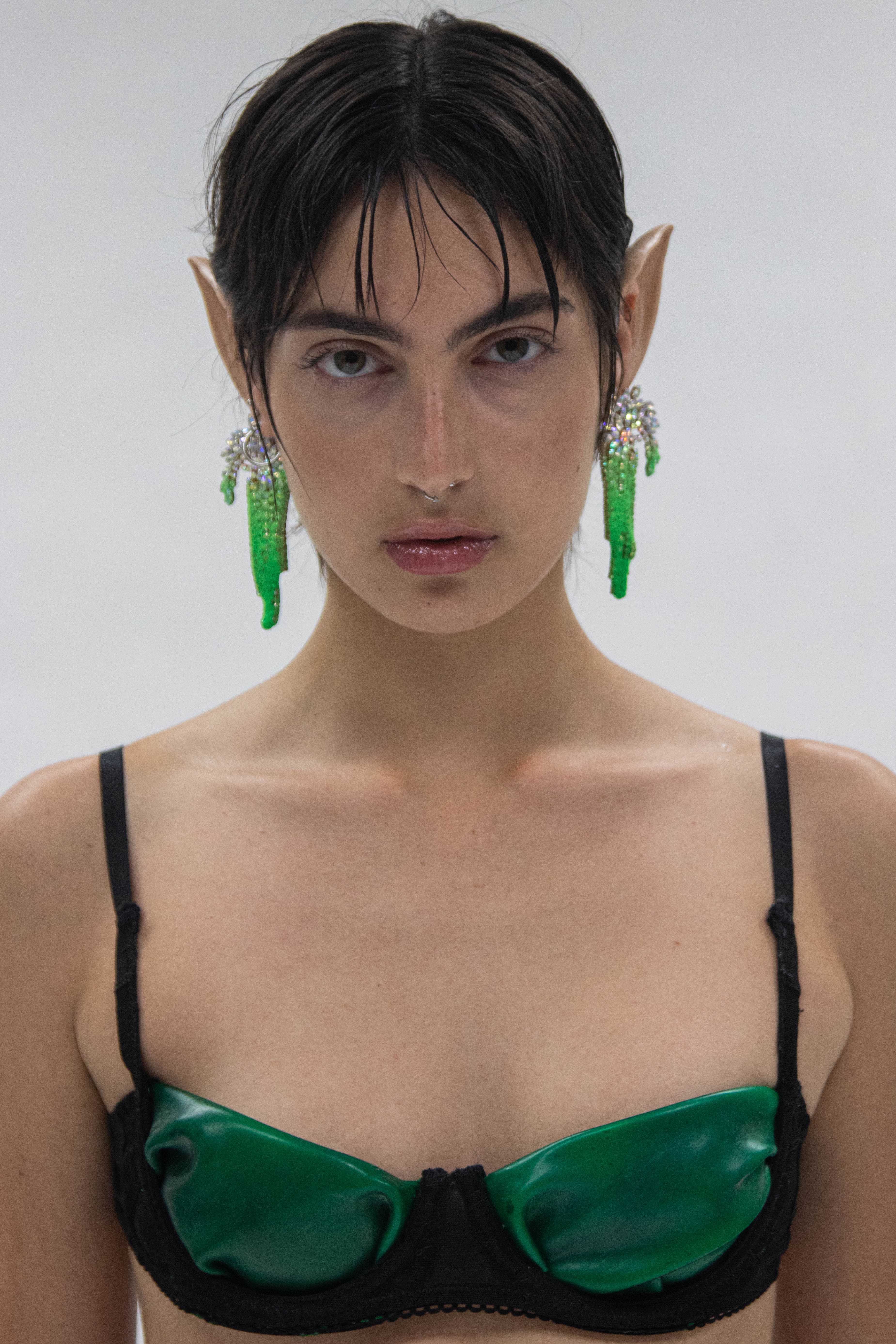 Upcycled bra and earrings with bio plastic details