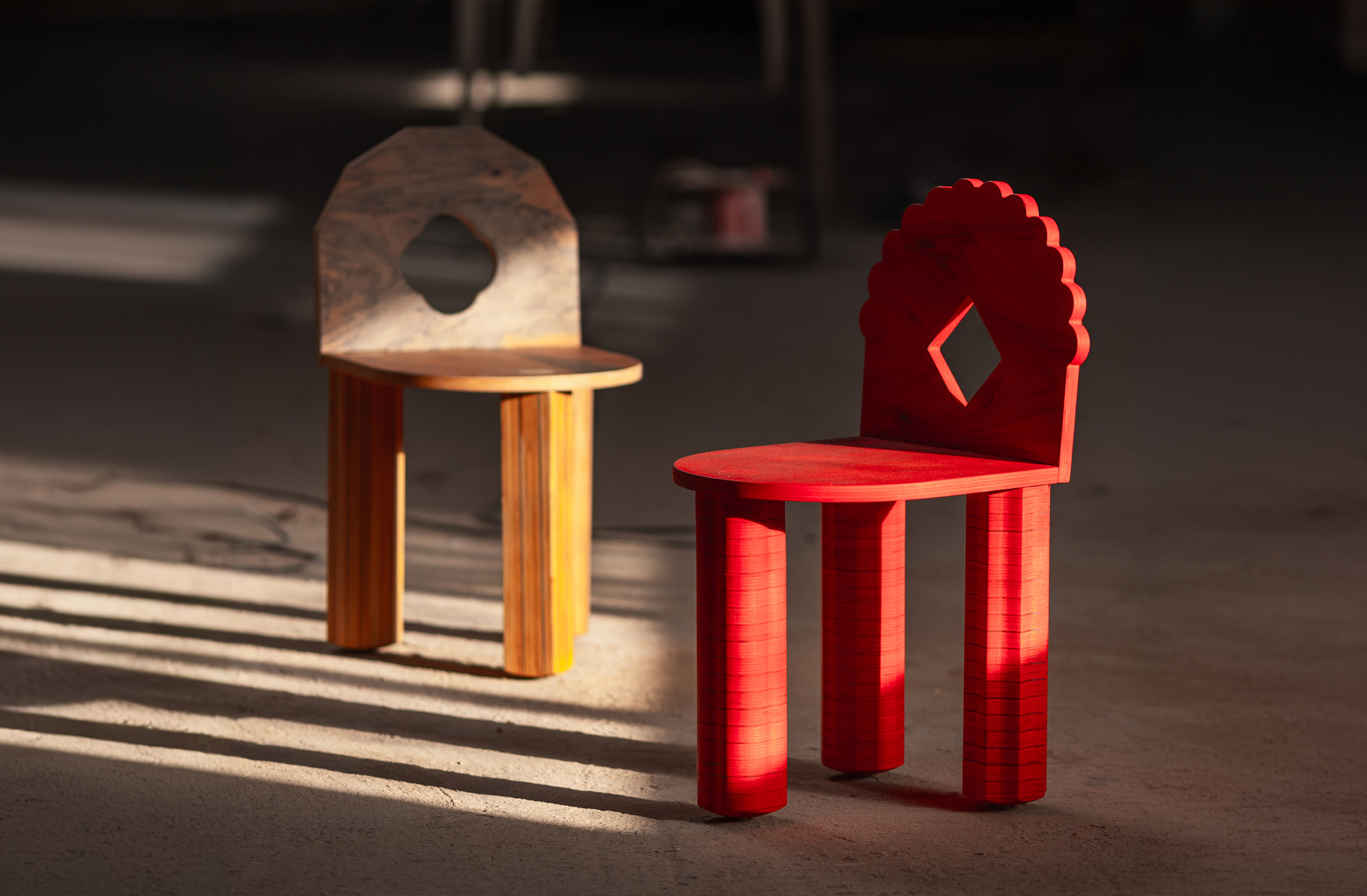 Image 1: Natural wood and vibrant red contrast.