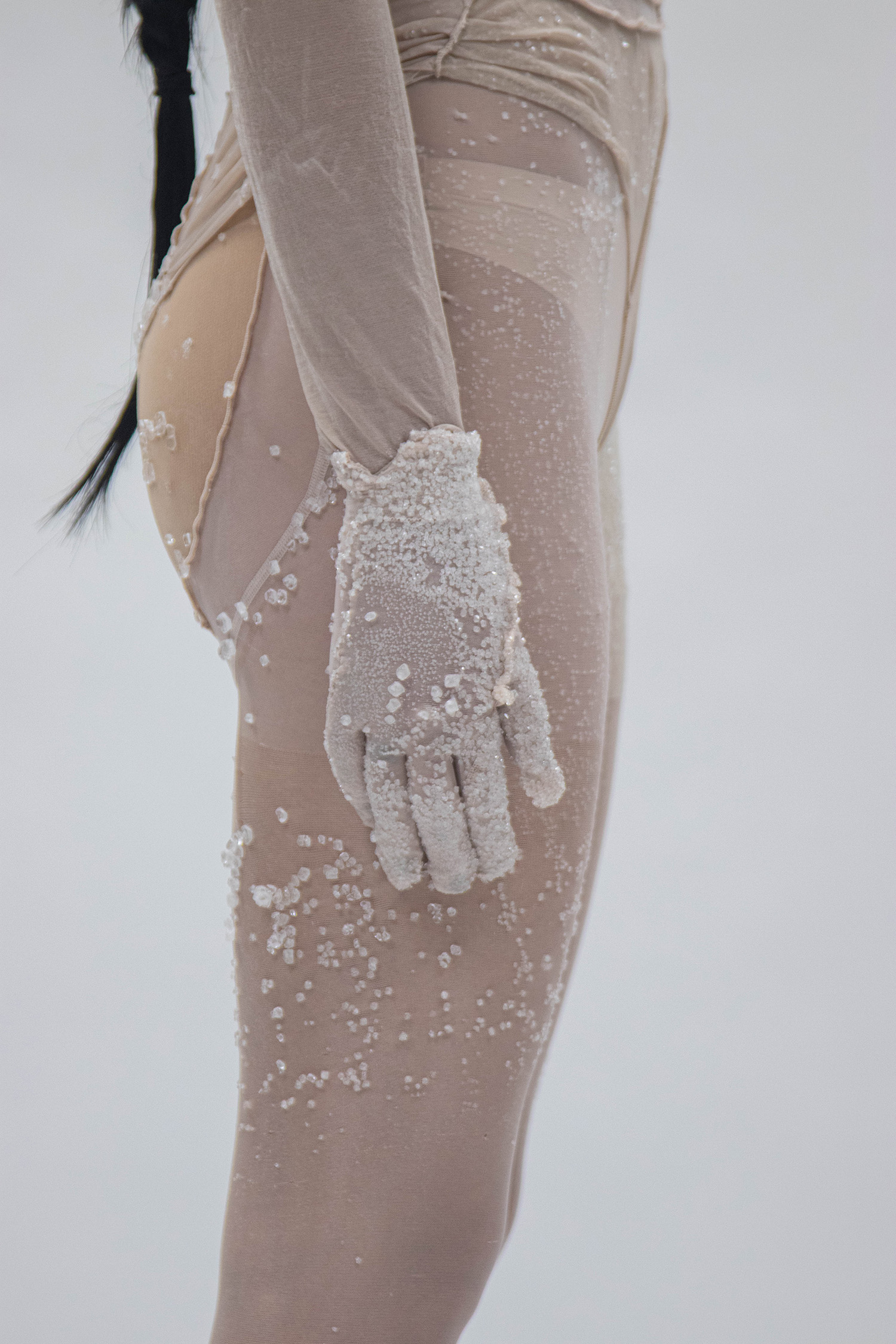 Crystallized bodysuit made out of upcycled tights