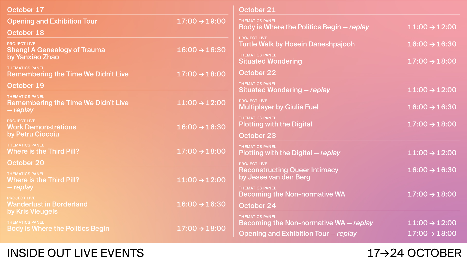 Inside Out - live Event Schedule