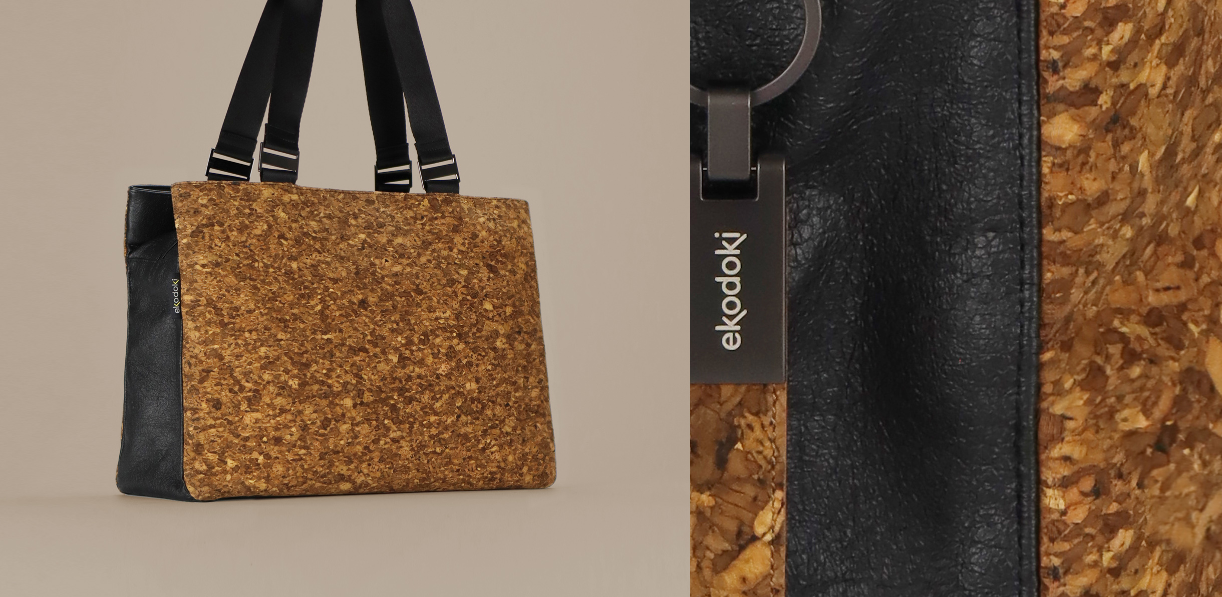 Shoulder bag made of cork fabric and hanji textile