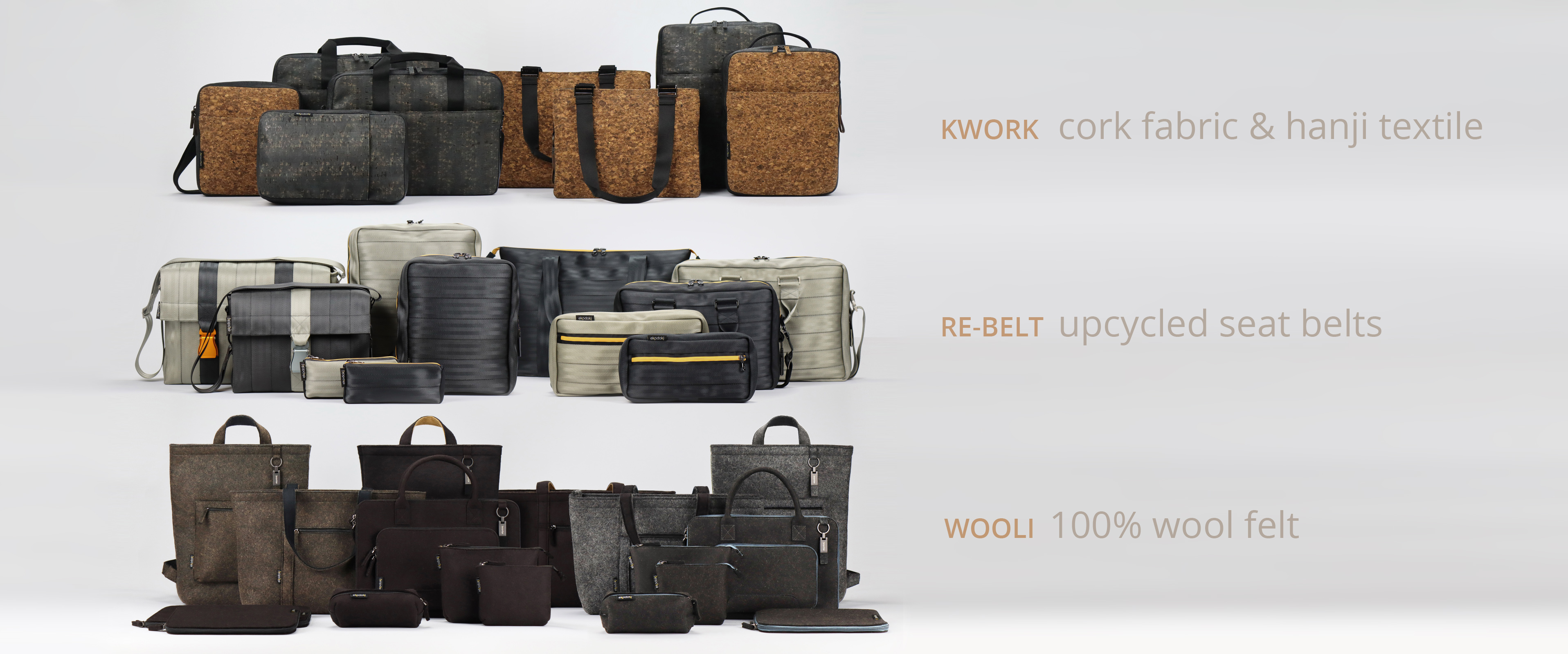 eKodoKi bag collections: KWORK, RE-BELT, and WOOLI