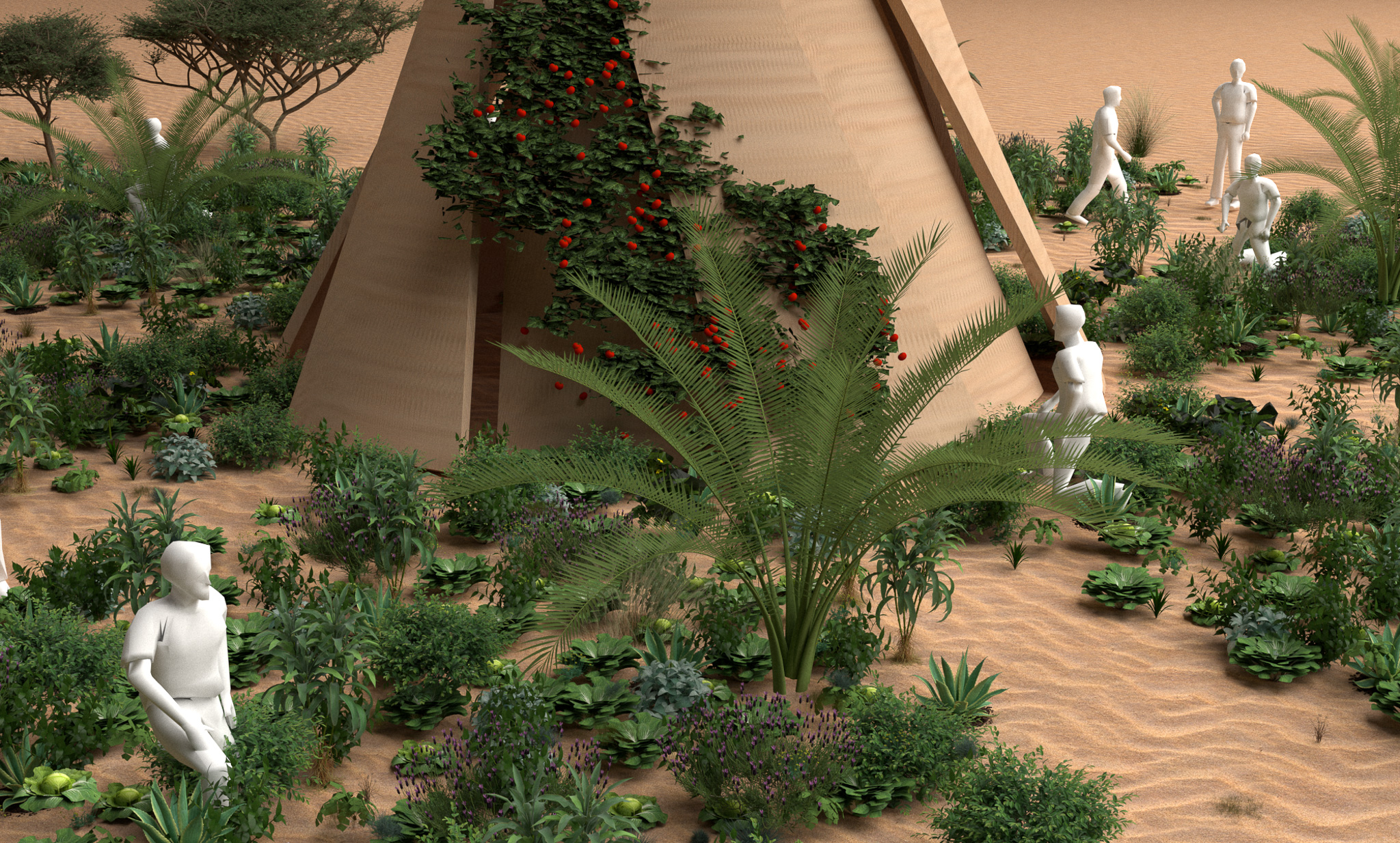 Vegetable garden around Carbon capturing tower