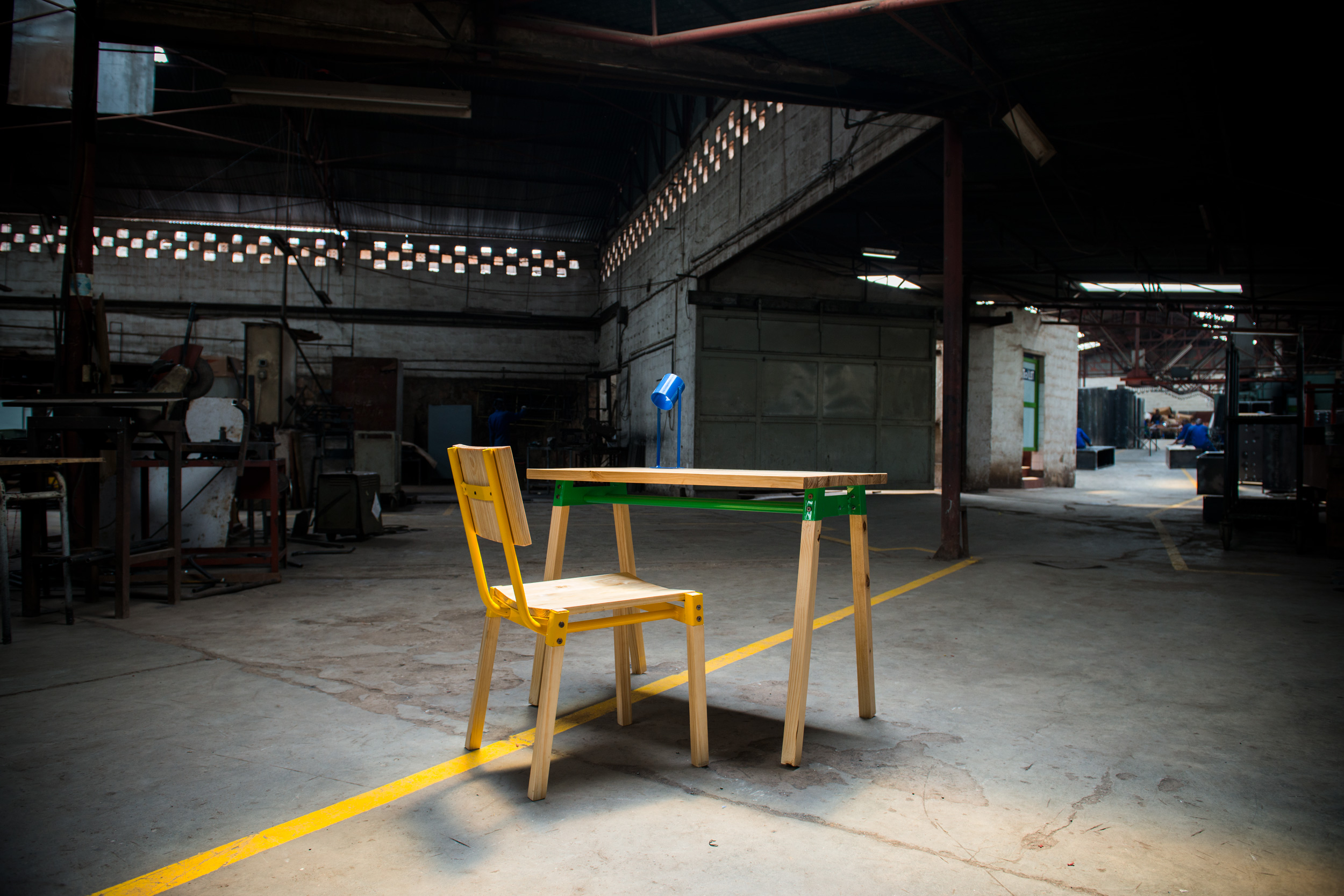 The desk, chair and desk-light local made in Rwanda. Part of a collection of more than 80 local made products