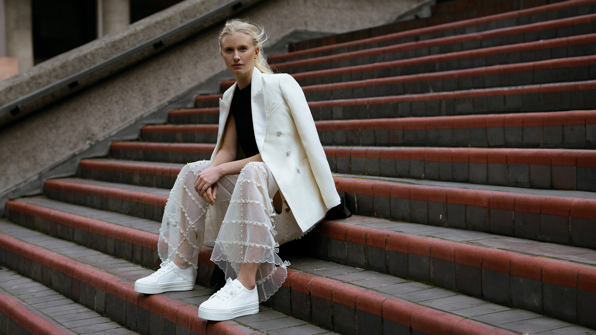 Model Posing Outdoors in 3D-Printed Pants