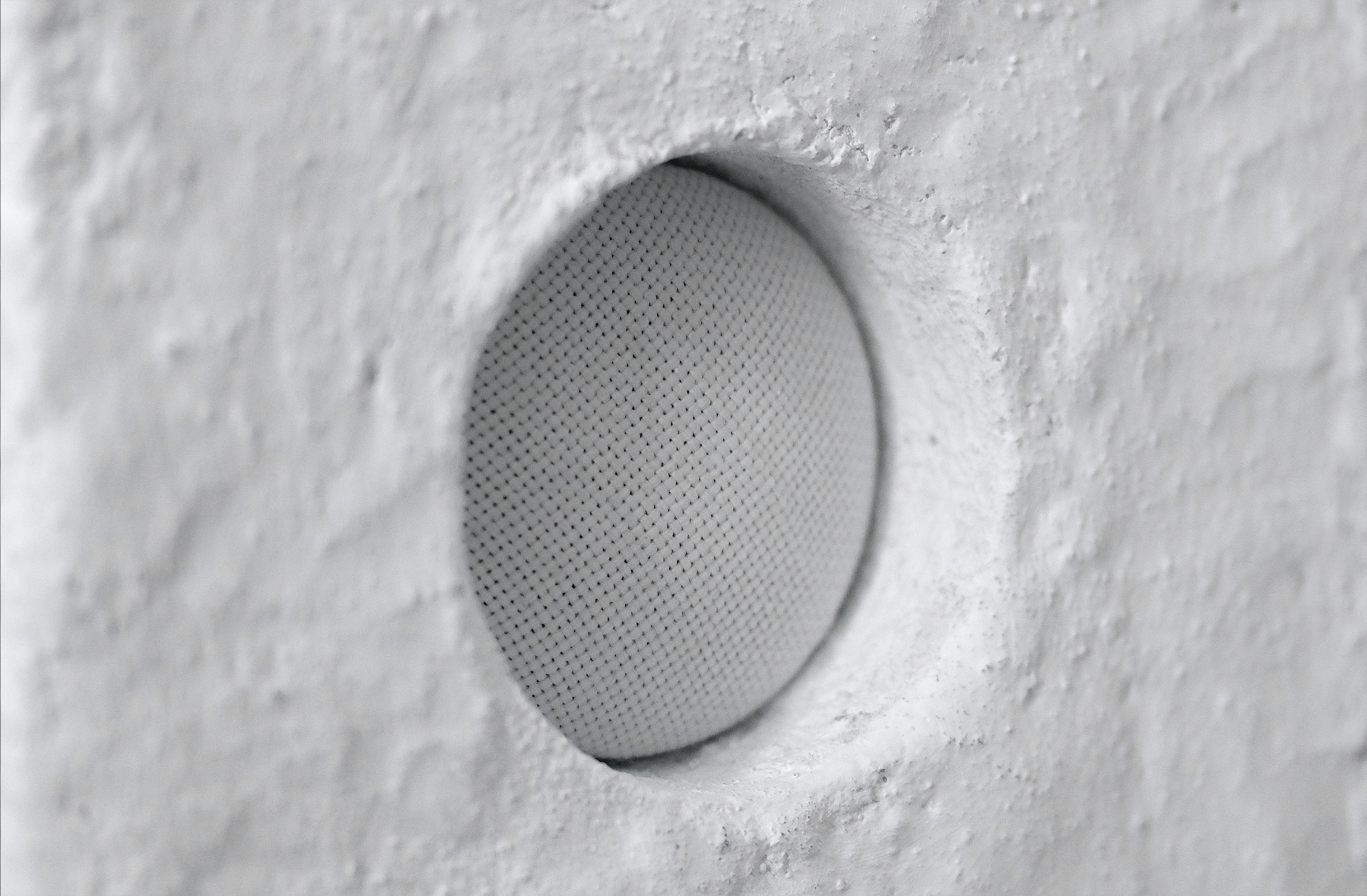 Close-up of one of the limewashed speakers