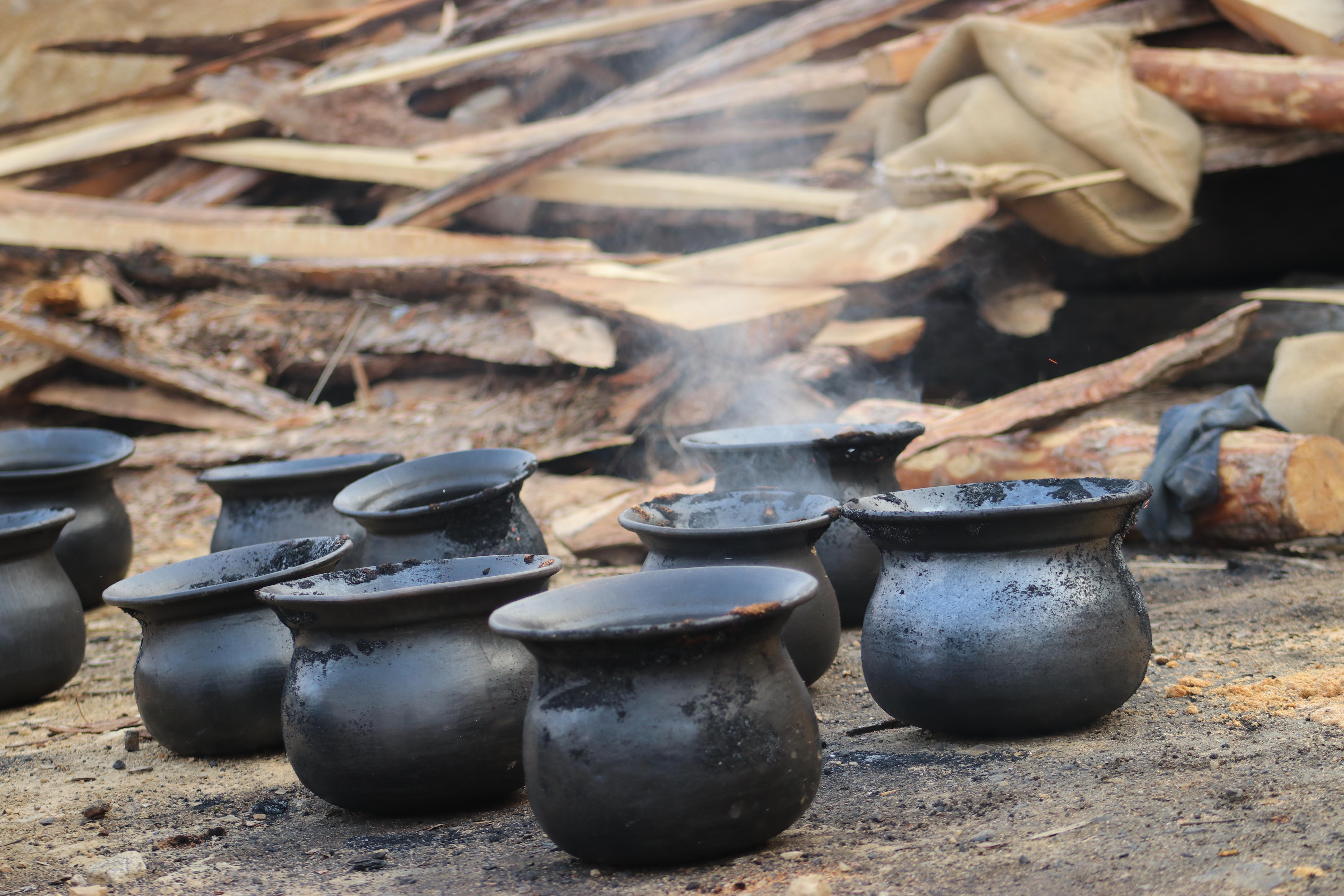Blackened pots cooling