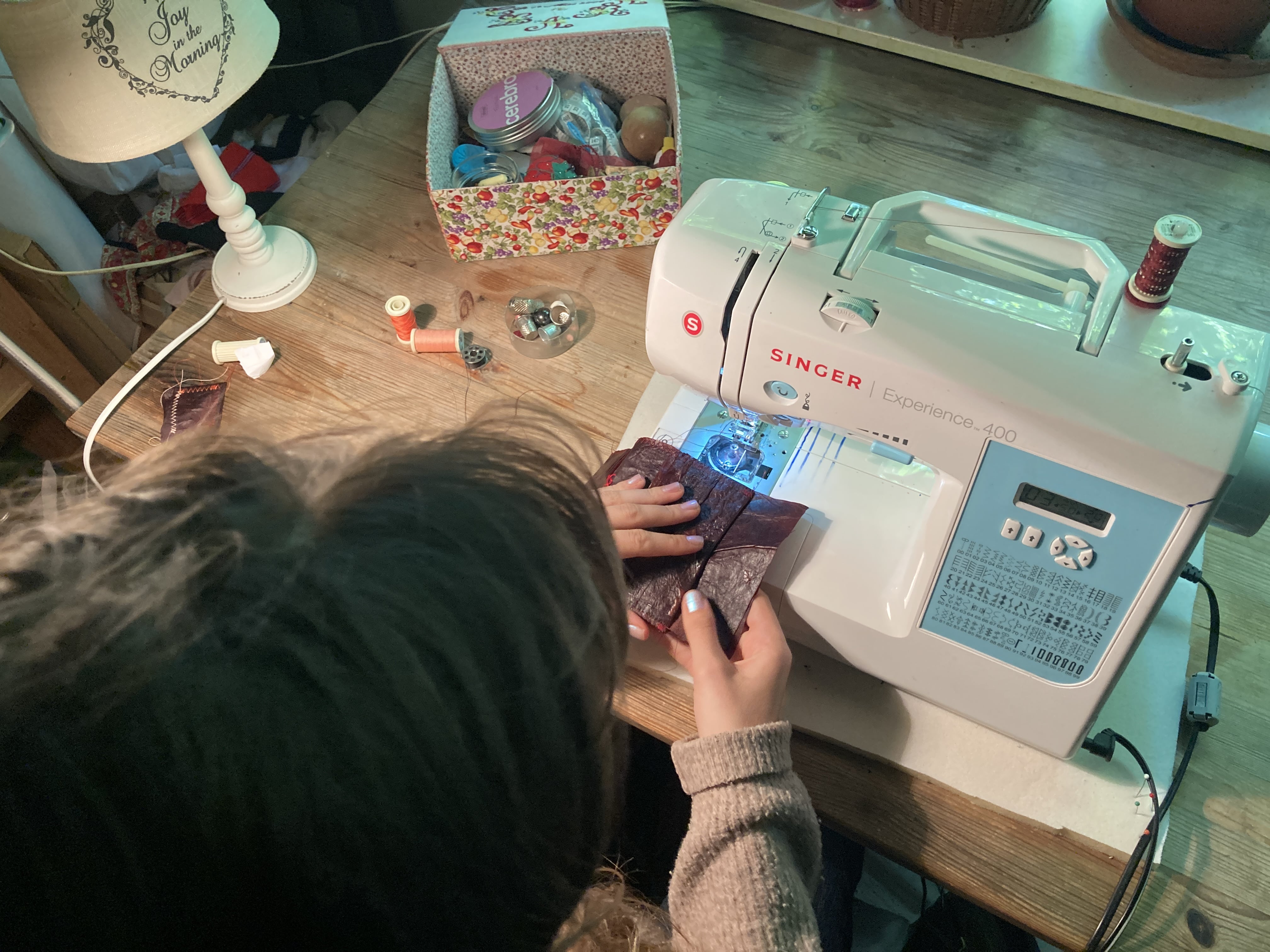 Clara Degez, seamstress, sews kombucha leather