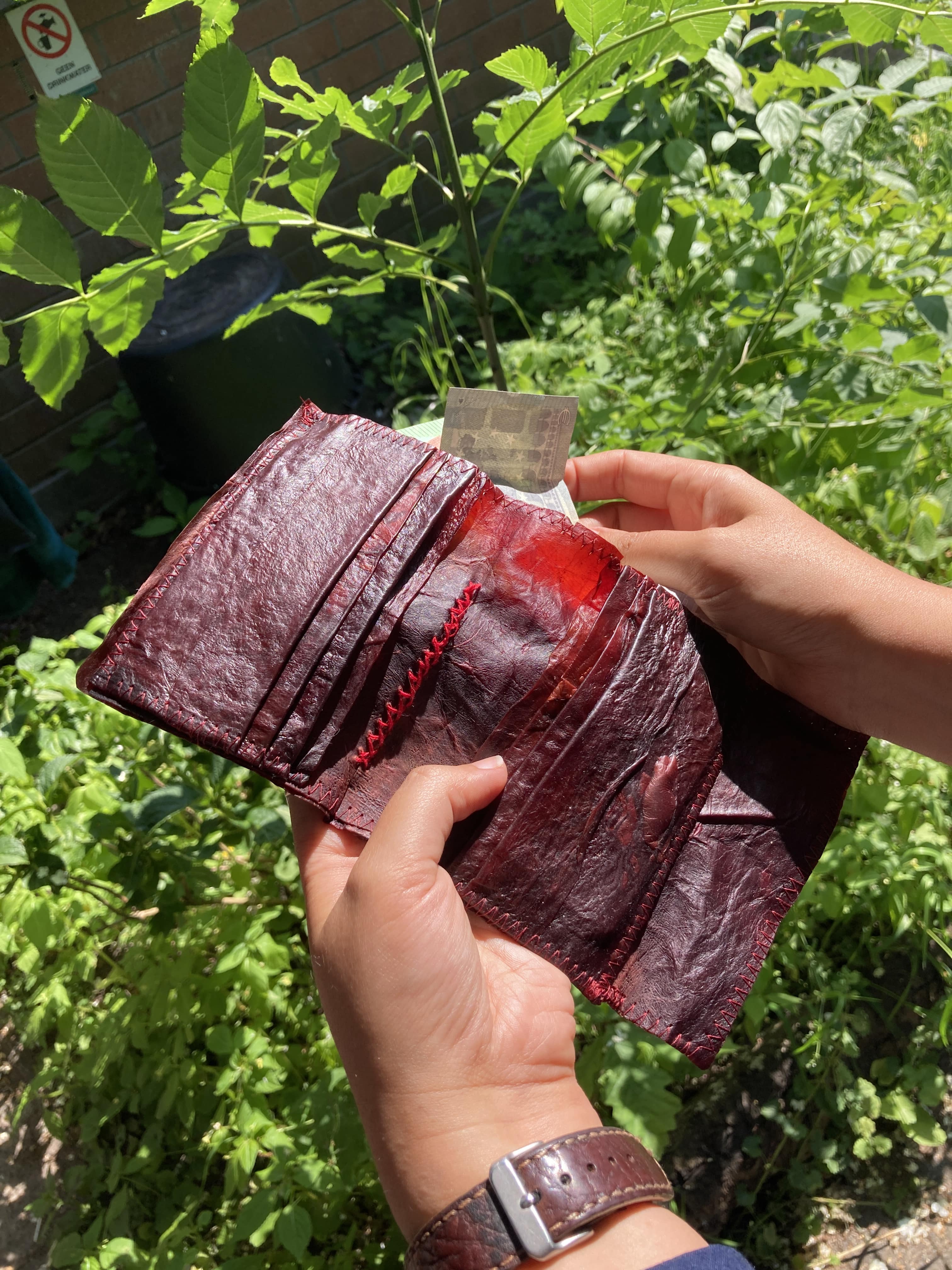 Poorva and Clara's first kombucha leather wallet