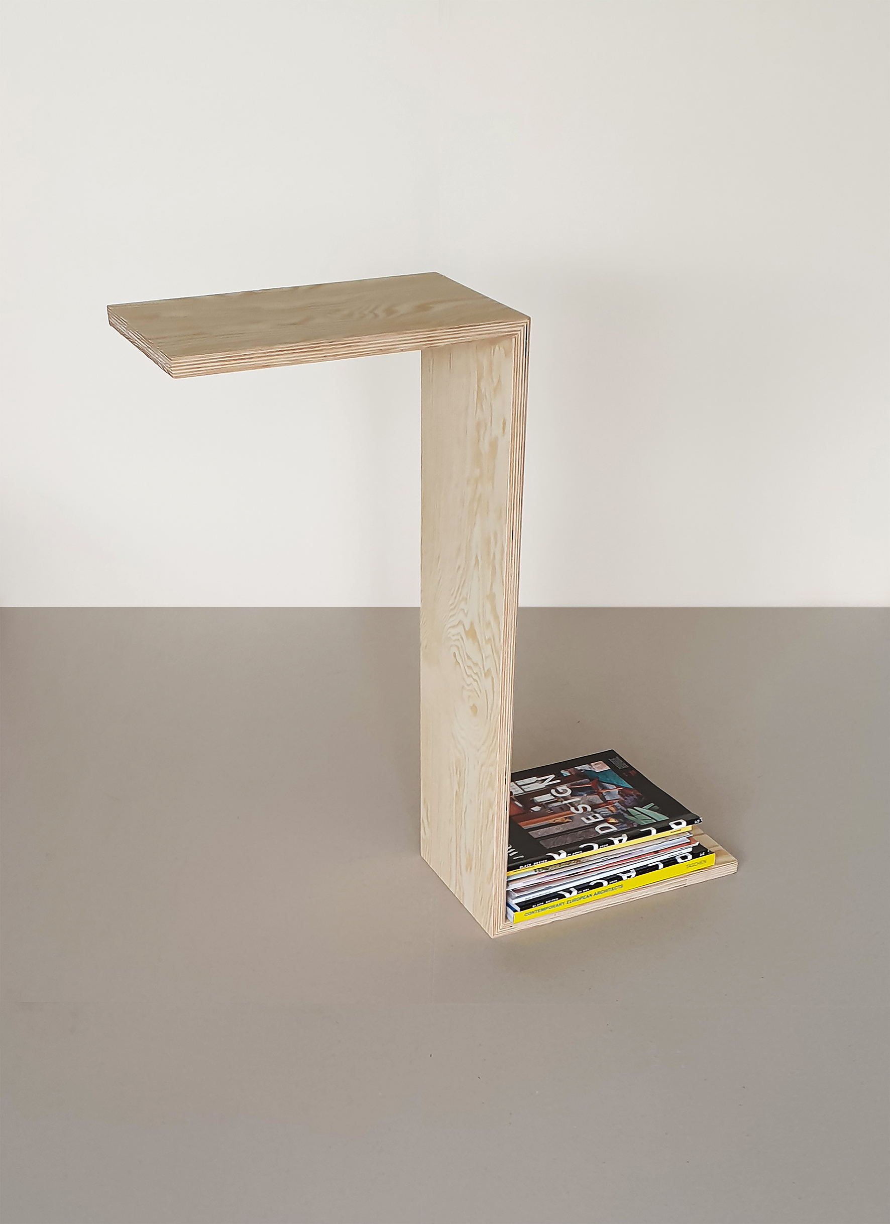 table: pine plywood, weight: magazines