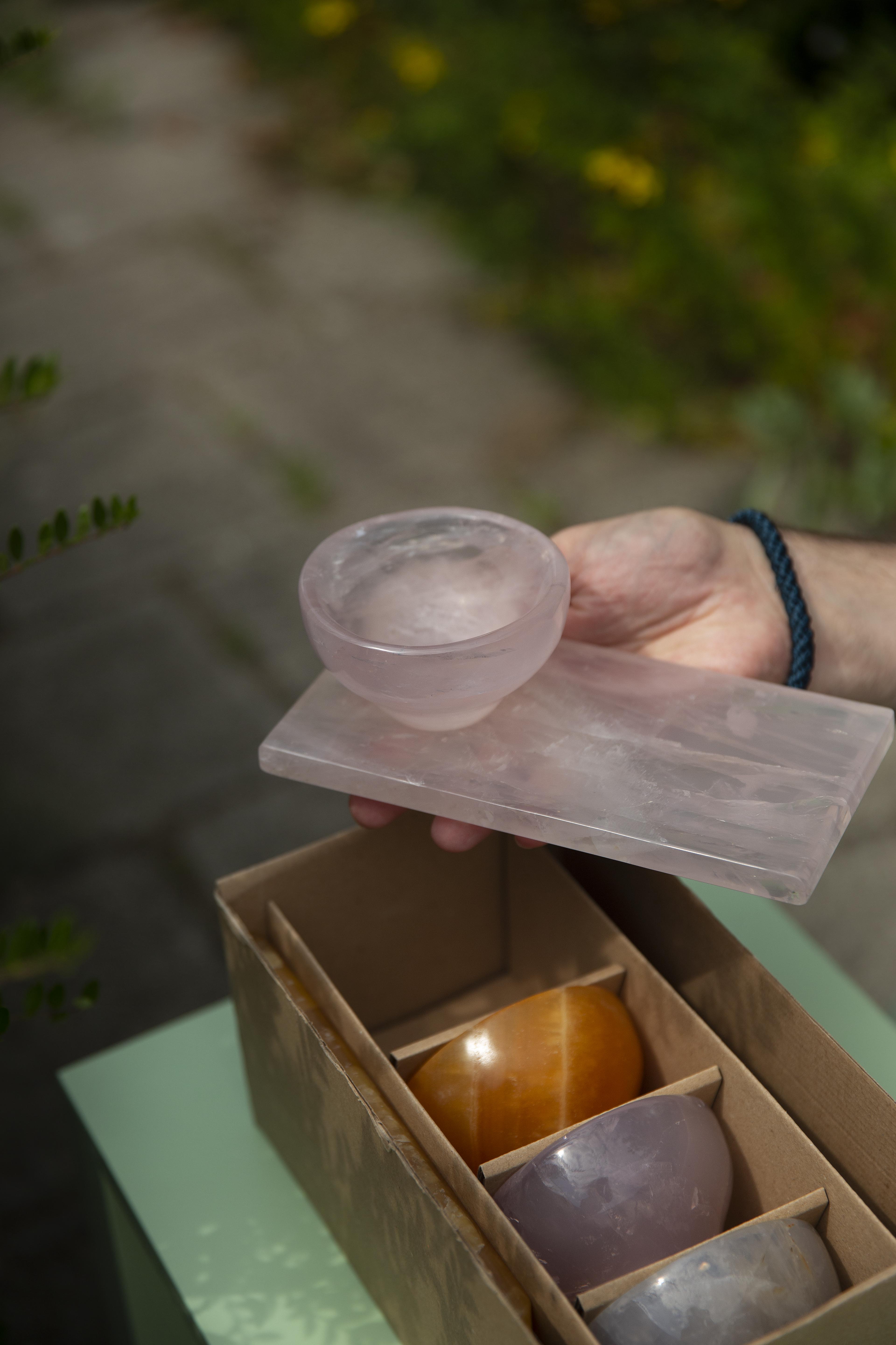 Crystal stone cups and saucers.