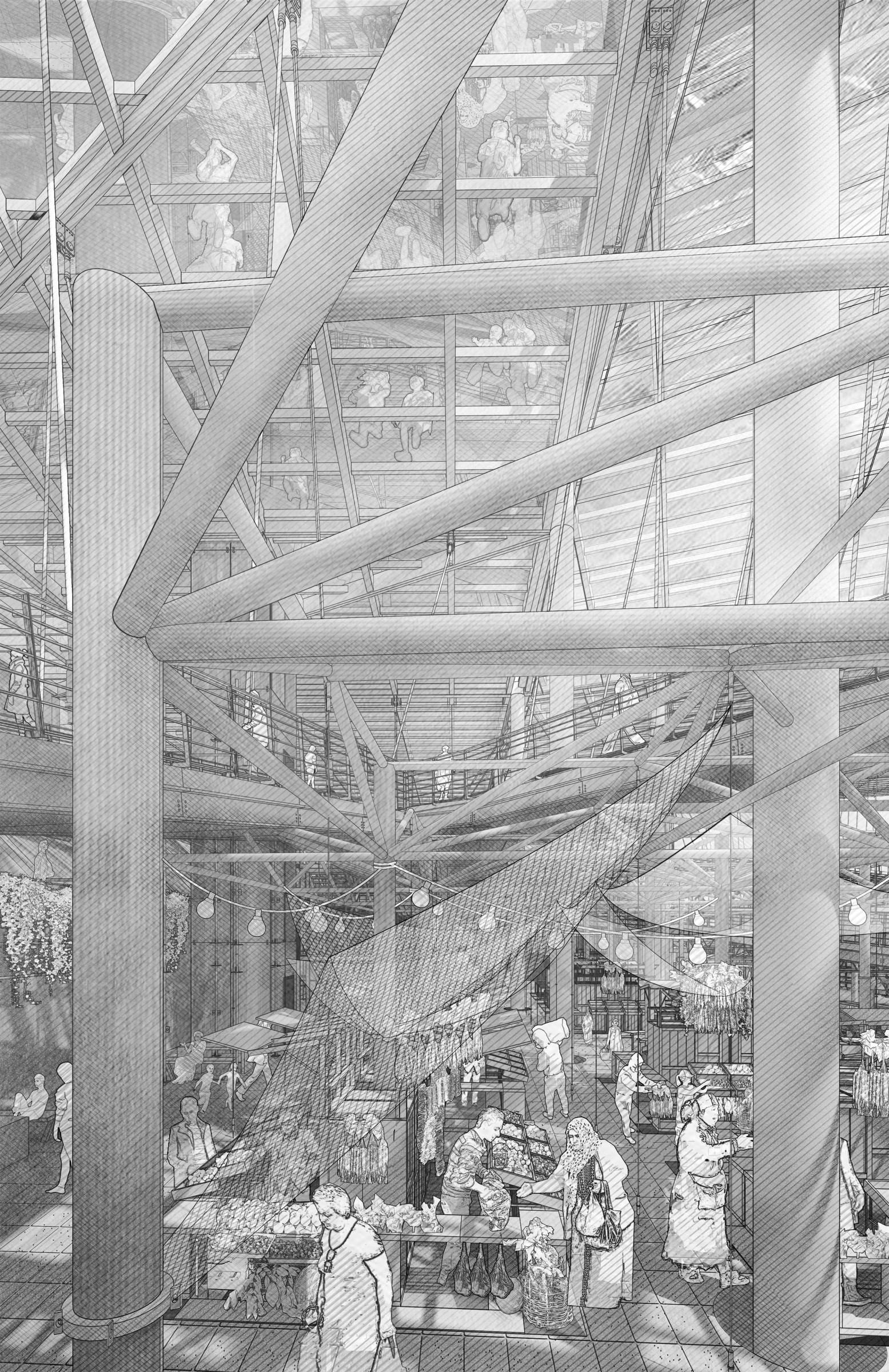 tent area of market under abandoned warehouse
