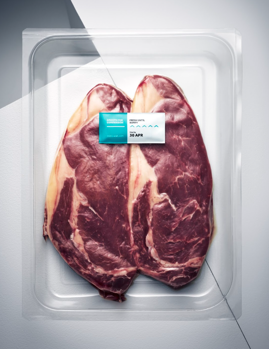 Mimica Touch flat label on a meat packet.