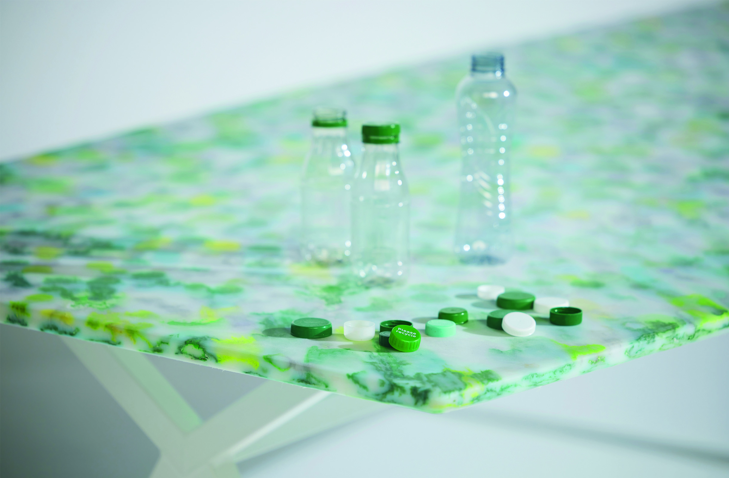 Meeting table made from recycled bottle caps