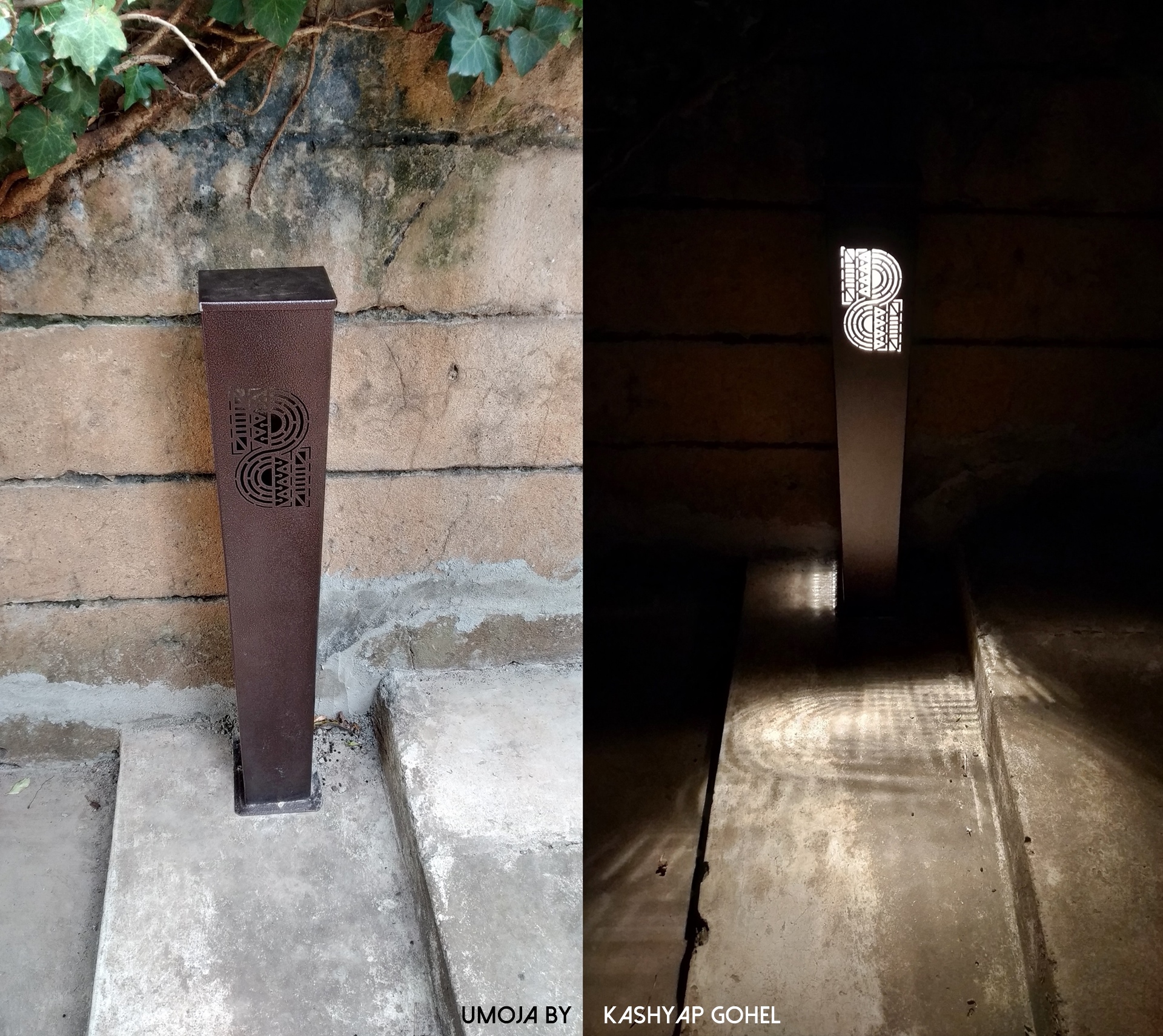 Umoja Kenyan Bollard Light both at day and n